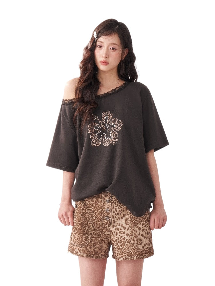 Leopard Rhinestone Shoulder Top