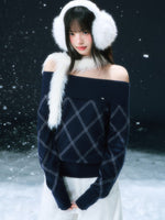 Navy Blue Off-shoulder Diamond-pattern Knit Sweater