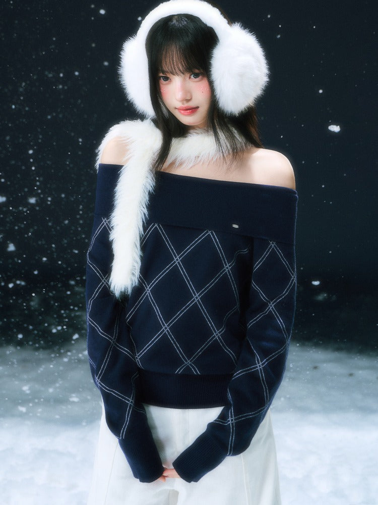 Navy Blue Off-shoulder Diamond-pattern Knit Sweater