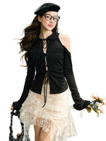 Black & White Off-Shoulder Tie-Back Knit Cardigan
