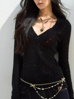 Shimmer Yarn Distressed V-Neck Knit Top