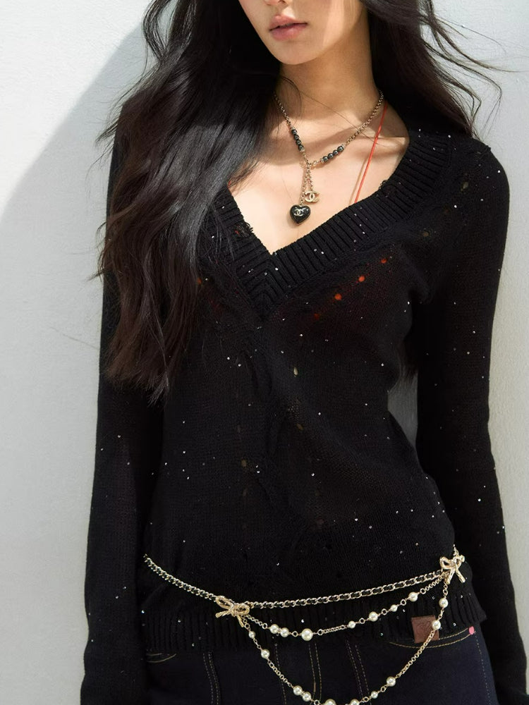 Shimmer Yarn Distressed V-Neck Knit Top