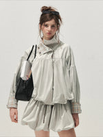 Blue Gray Plaid Trench Coat Set
