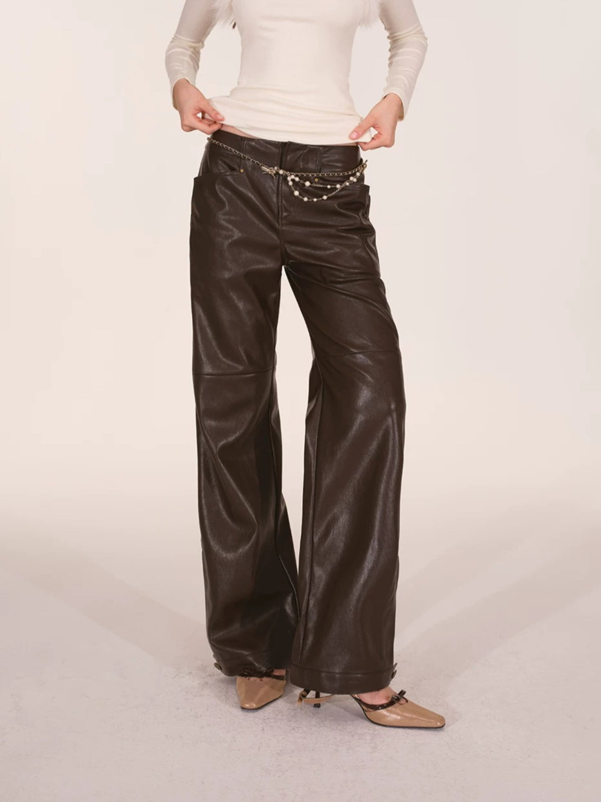 Paneled Faux Leather Wide-Leg Pants