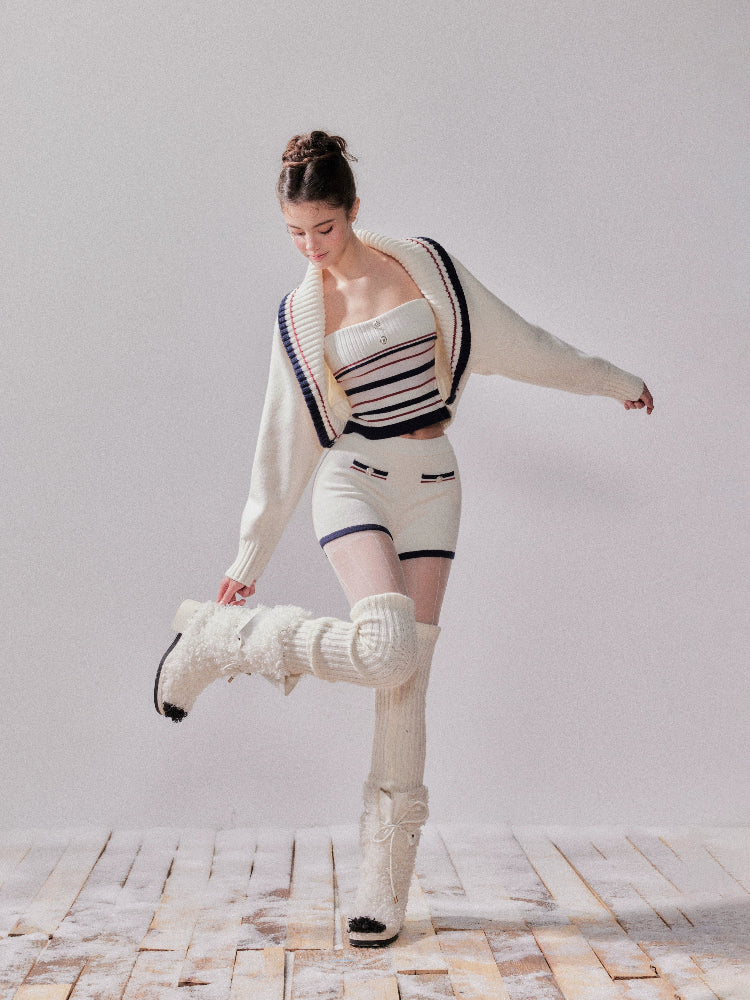 Striped Oversized Collar Knit Cardigan and Pants Set