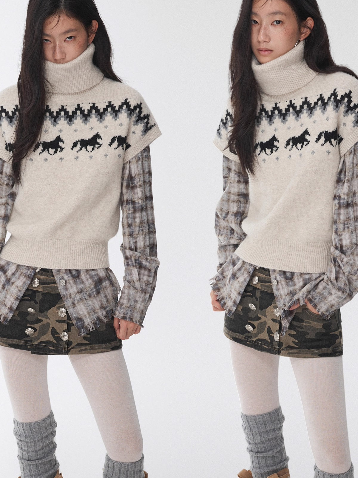 Fair Isle Pony Jacquard Turtleneck Knit Sweater