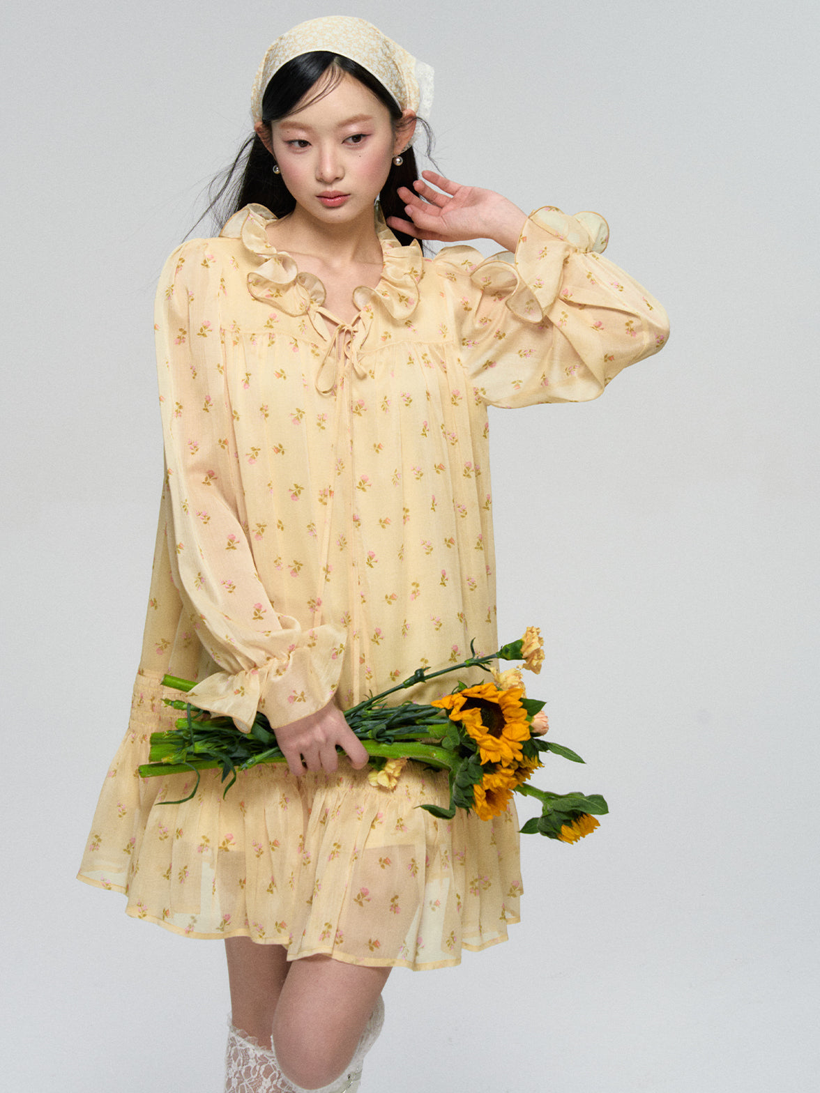 Ruffled Floral Long Sleeve Dress