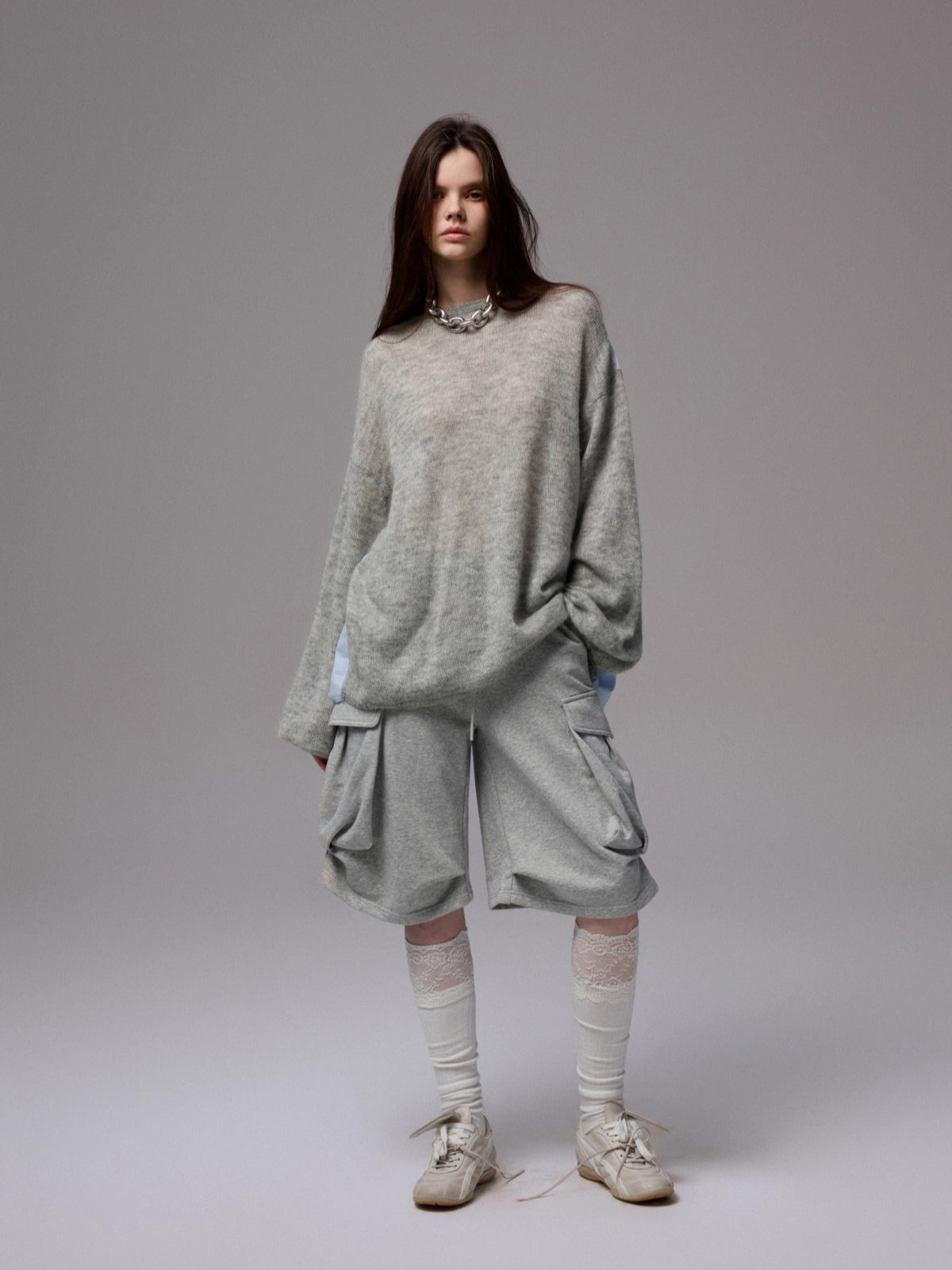 Oversized Mohair Shirt-Panel Knit Sweater