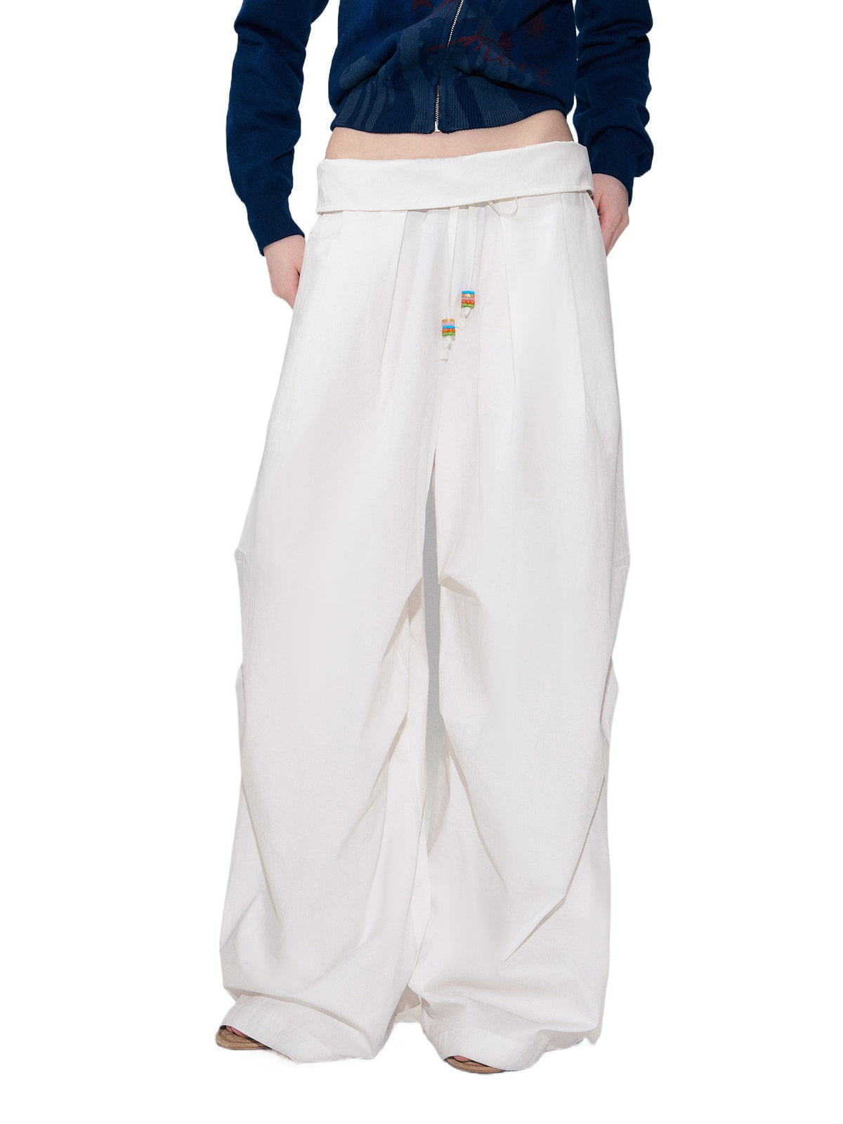 White Beaded Fold Waist Pants
