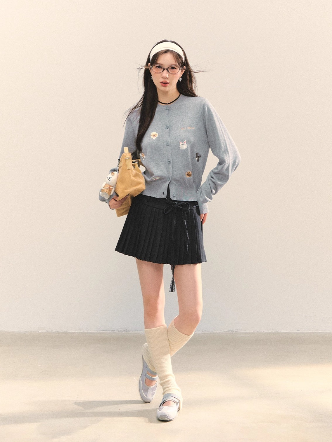 Gray Lace-Up Pleated Skirt