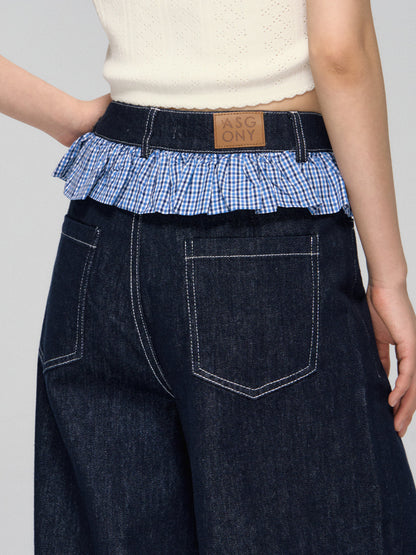 Ruffled Plaid Patchwork Straight Jeans