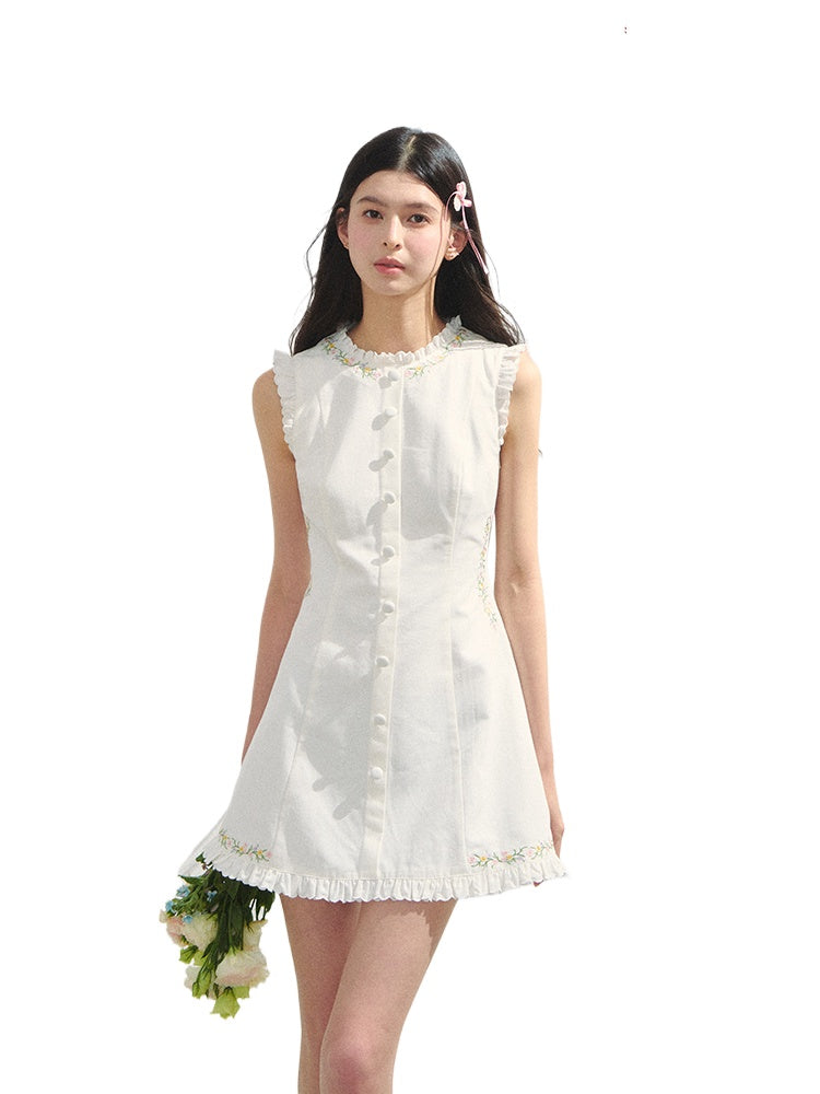 Embroidered Floral Waist-Tie Dress