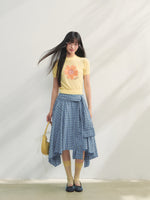 Blue Checkered Irregular Tie-Waist Skirt