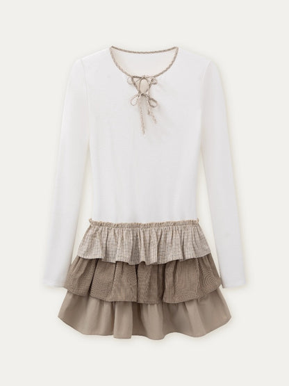 Brown &amp; White Knit Plaid Tiered Dress