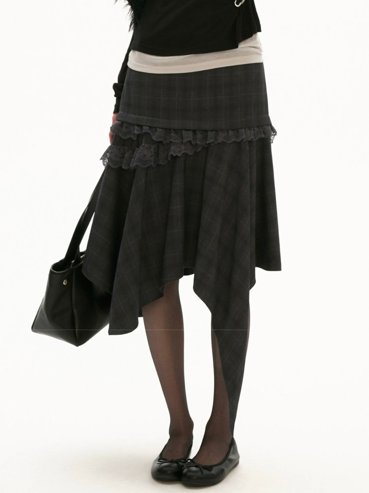 Asymmetrical Layered Plaid Midi Skirt