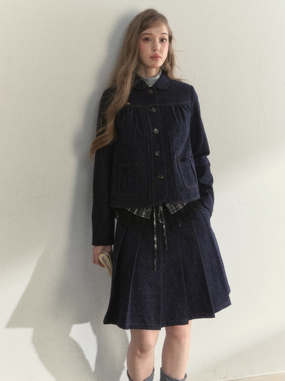 Vintage College Denim Padded Jacket &amp; Skirt Set