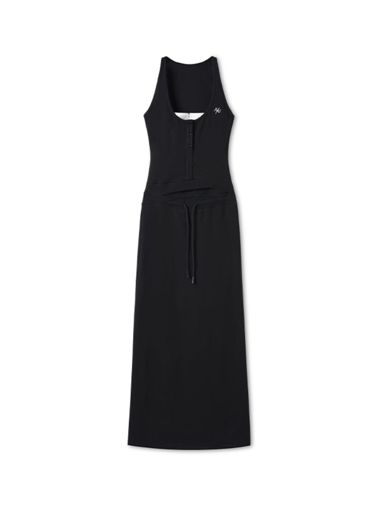 Contrast Color Fake Two-piece Waist Hollow Dress
