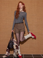 Brown Plaid Wool Belted Shorts