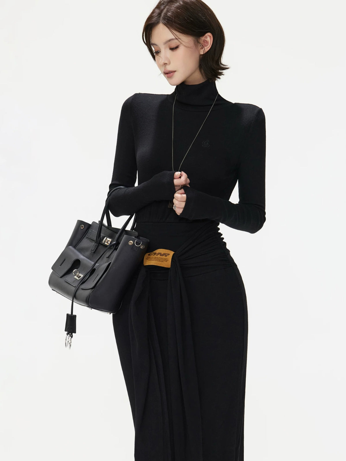 Turtleneck Tie Waist Knitted Maxi Dress