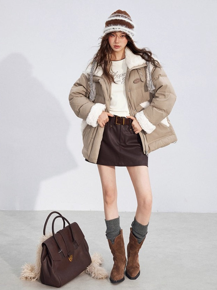 Shearling Patchwork White Down Puffer Jacket