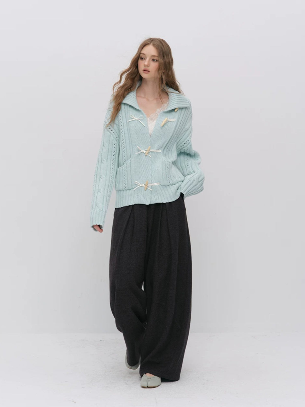 Pleated Wide Leg Wool Pants