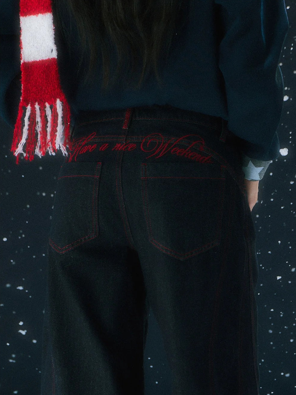 Contrast Stitch Embroidery Wide Pants