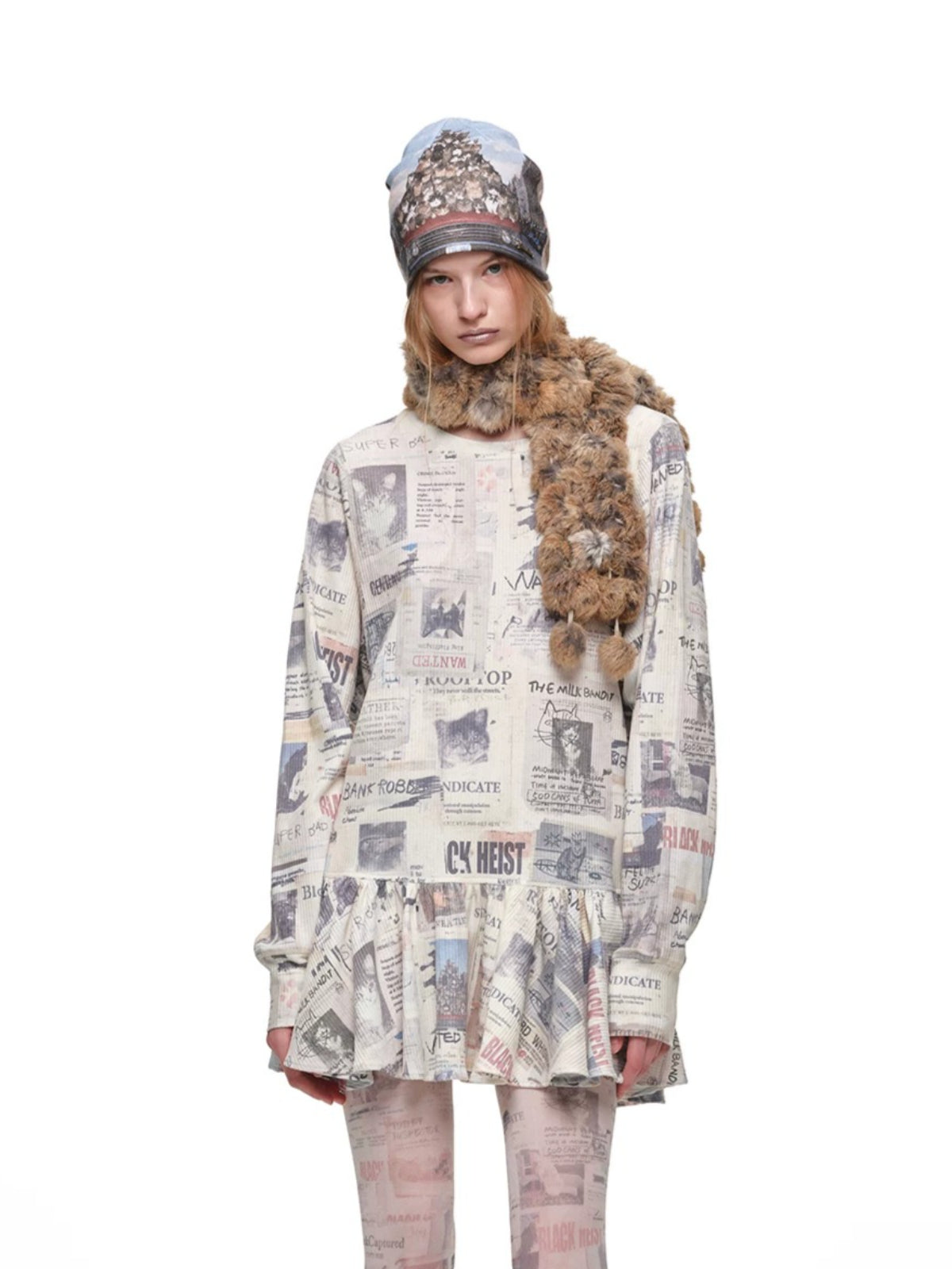 Cat Newspaper Ruffle Waffle Dress