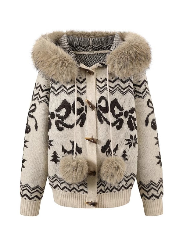 Fair Isle Fur Collar Toggle Knit Coat