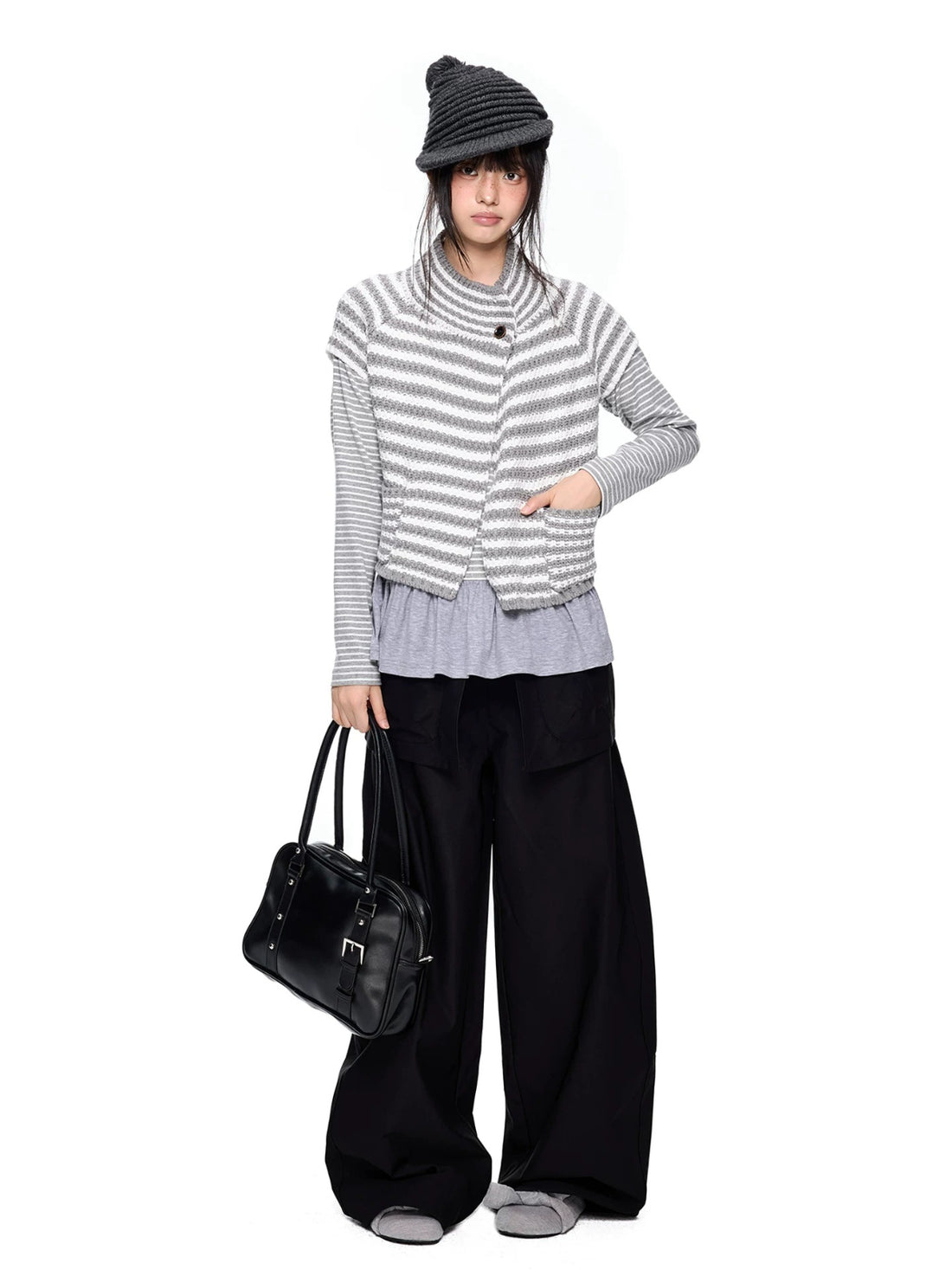 Striped Half Neck Button Knit Top