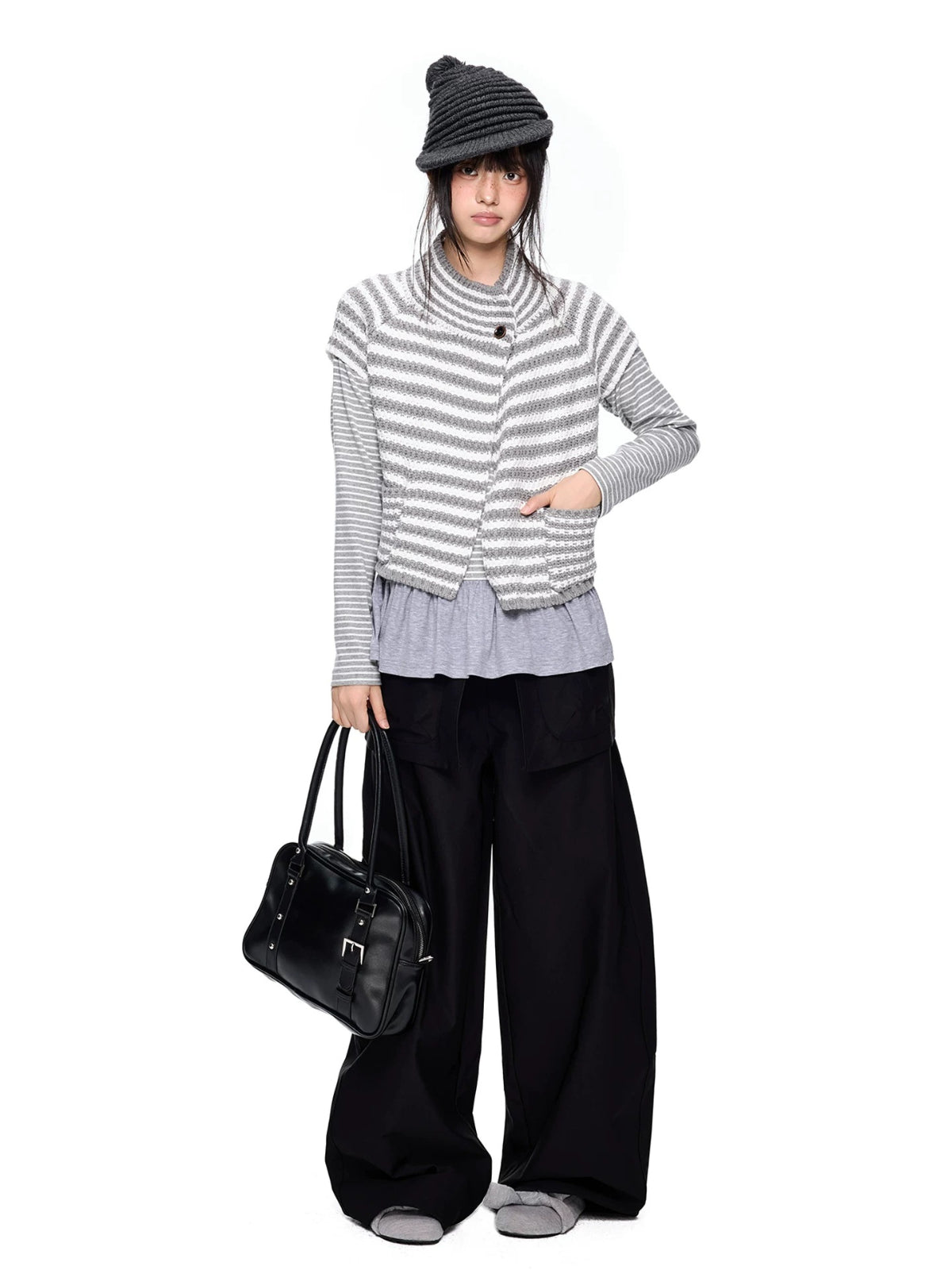Striped Half Neck Button Knit Top