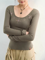 Rhinestone Knit U-Neck Tee