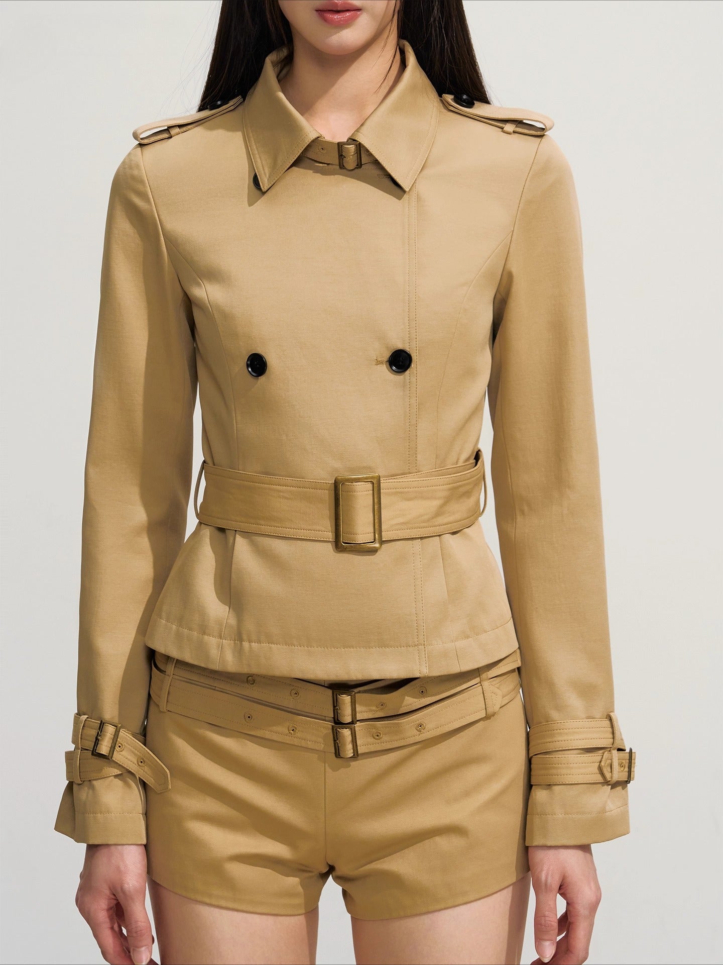 Slim-Fit Double-Breasted Trench Blazer &amp; Low-Waist Shorts Set