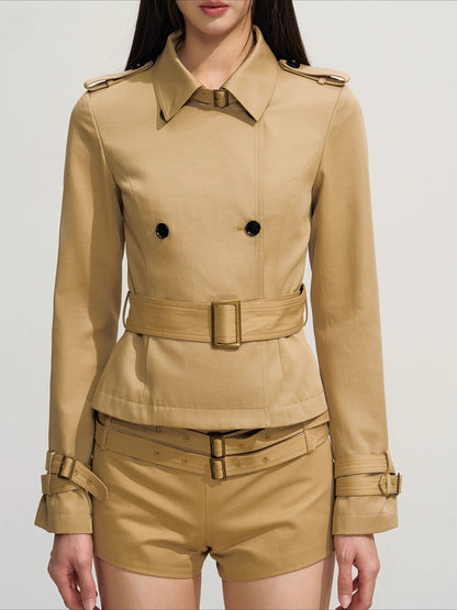 Slim-Fit Double-Breasted Trench Blazer &amp; Low-Waist Shorts Set