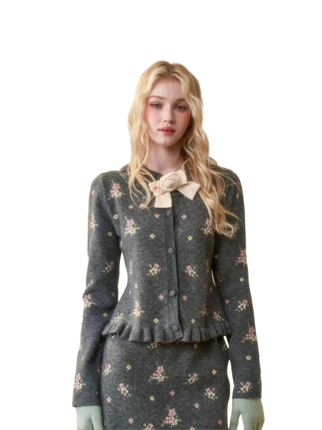 Floral Knit Cardigan &amp; Skirt Set