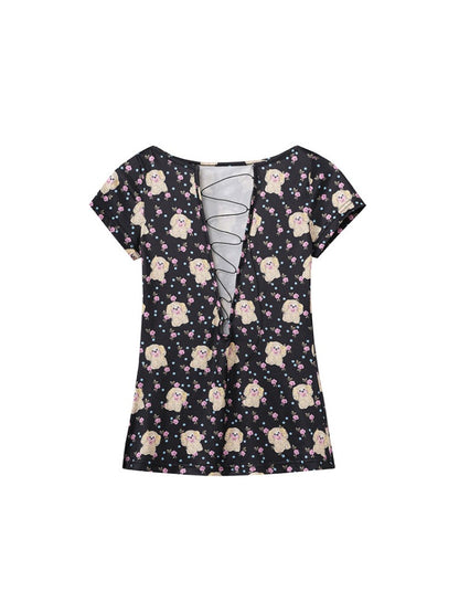 Printed Drawstring V-neck Tee