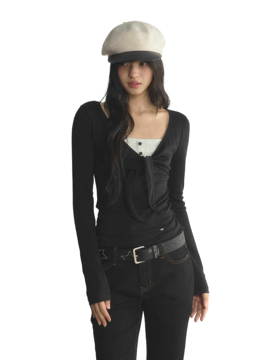 Contrast Bow V-Neck Layered T-Shirt
