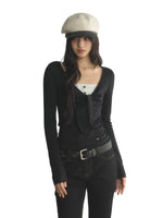 Contrast Bow V-Neck Layered T-Shirt