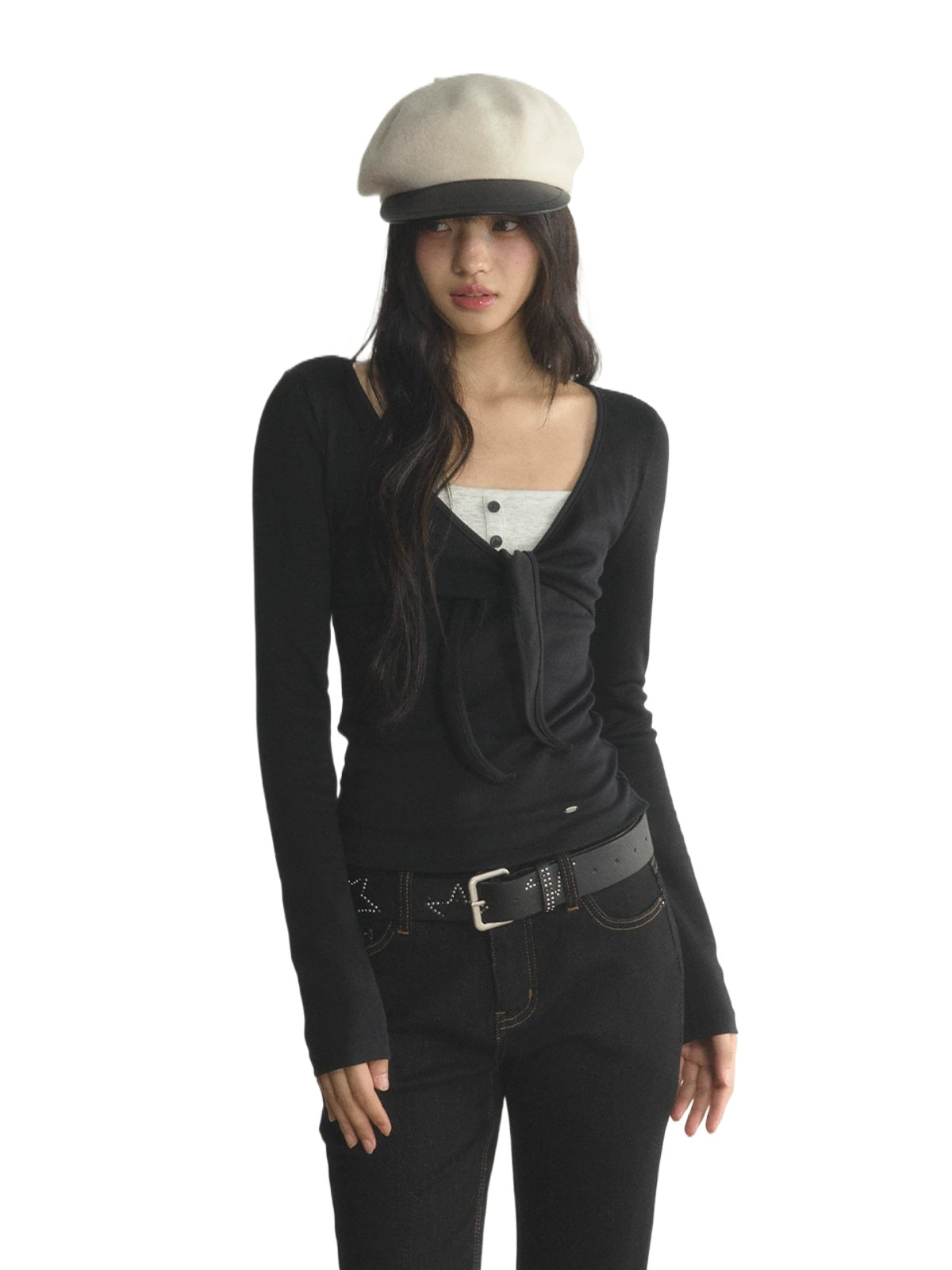 Contrast Bow V-Neck Layered T-Shirt