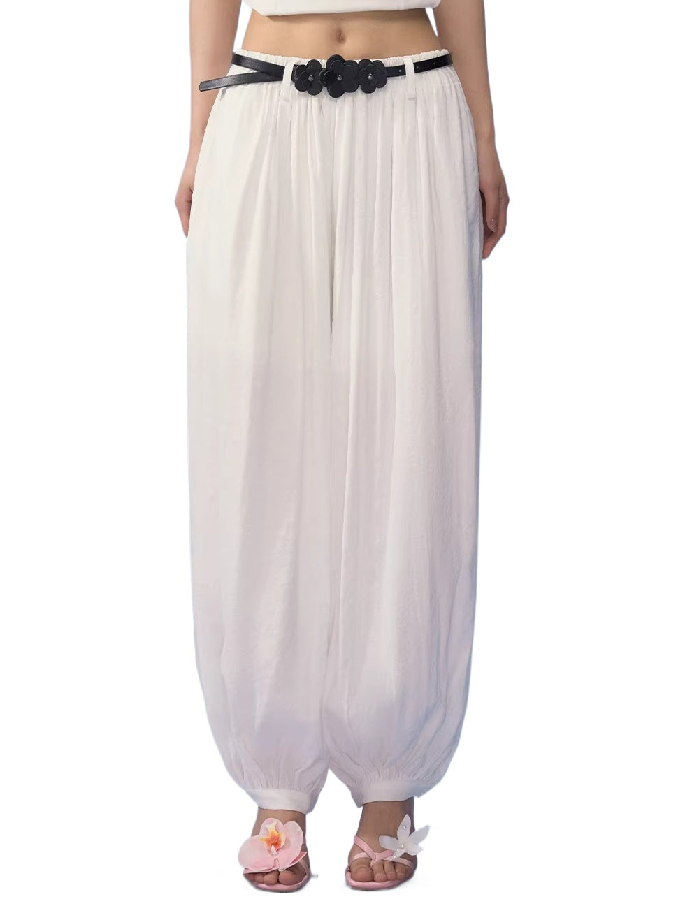 Floral Belt Balloon Wide-Leg Pants