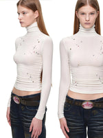 Rhinestone Lyocell Wool Turtleneck Top