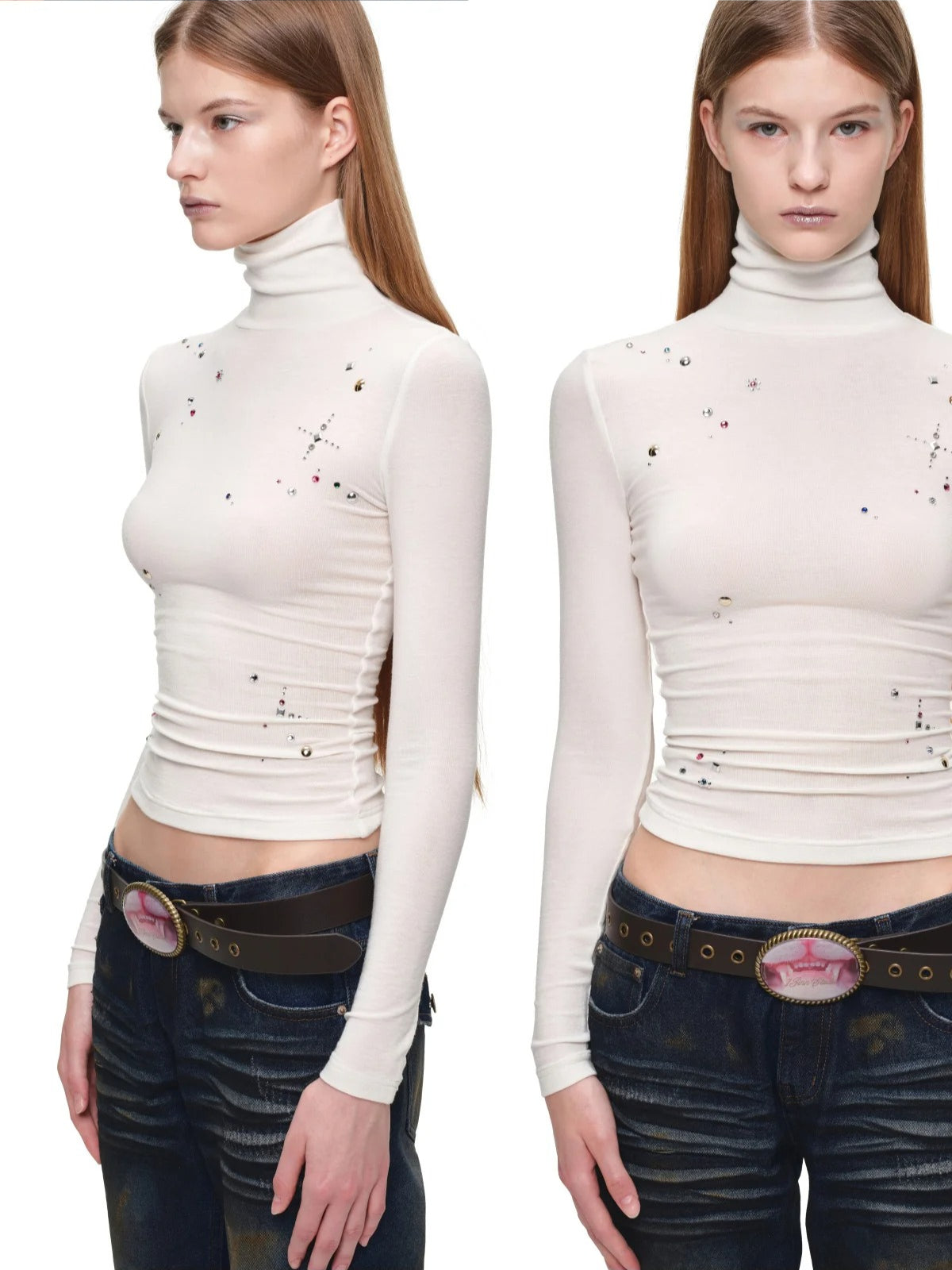 Rhinestone Lyocell Wool Turtleneck Top