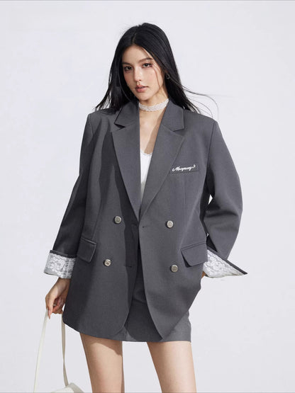 Black &amp; Gray Lace Panel Blazer