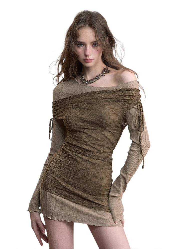 Khaki Colorblock Lace Mini Dress