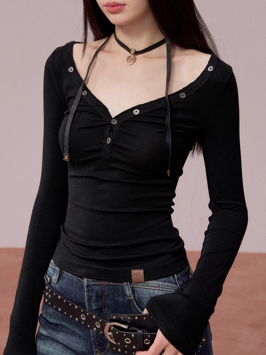 Button Detail Crewneck Top