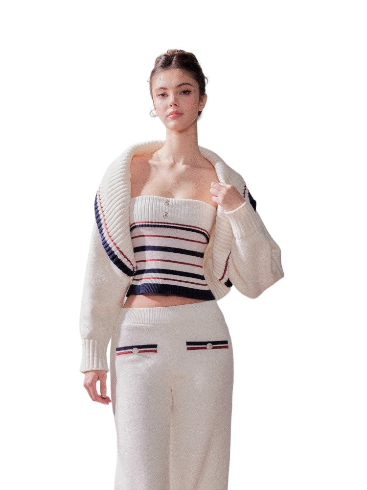 Striped Oversized Collar Knit Cardigan and Pants Set
