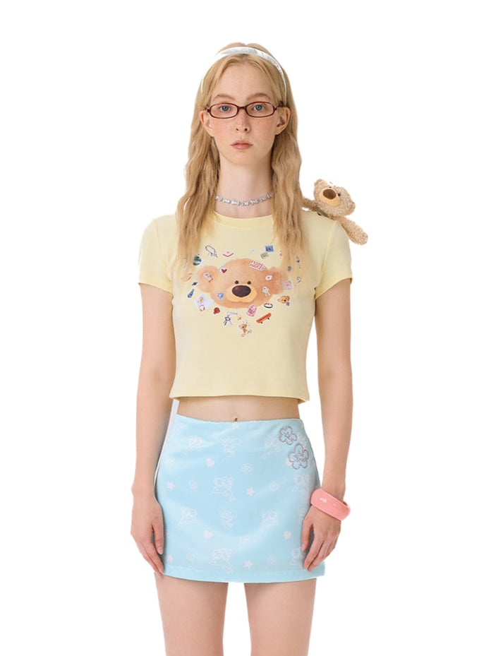 Sticker Bear Head Crew Neck Cotton T-shirt