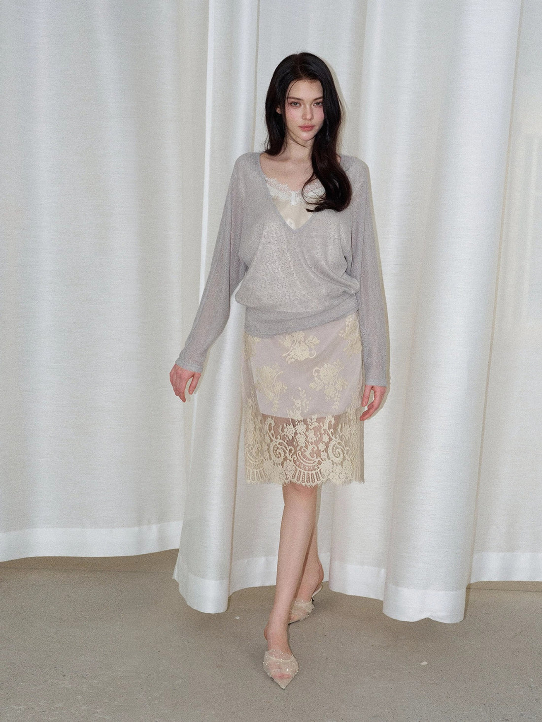 Apricot Lace Midi Skirt