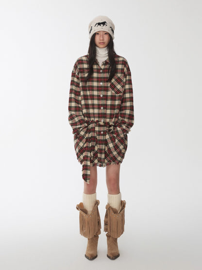 Vintage Red Plaid Frayed-Edge Utility Shirt Dress