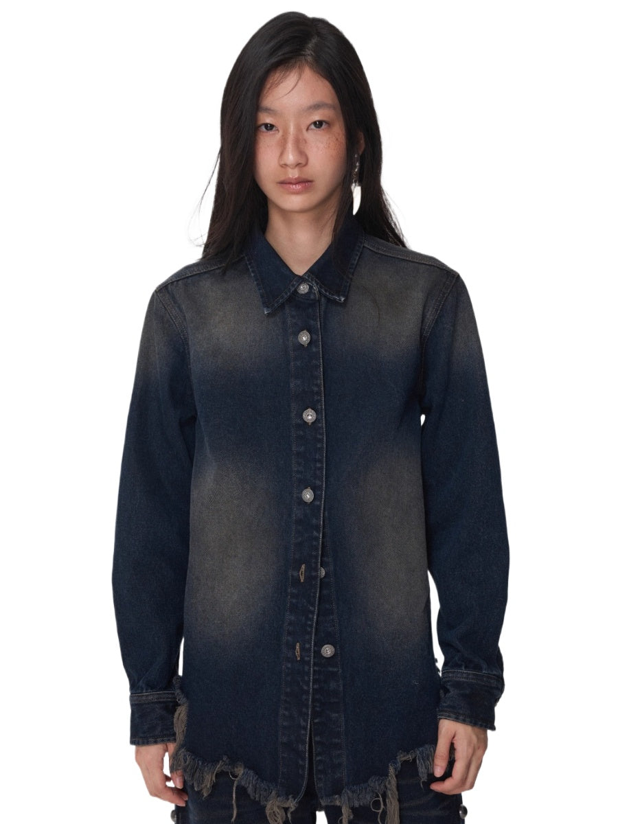 Vintage Washed Frayed-Edge Denim Shirt