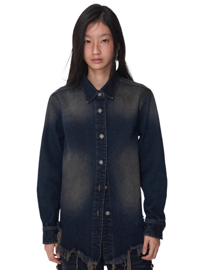 Vintage Washed Frayed-Edge Denim Shirt
